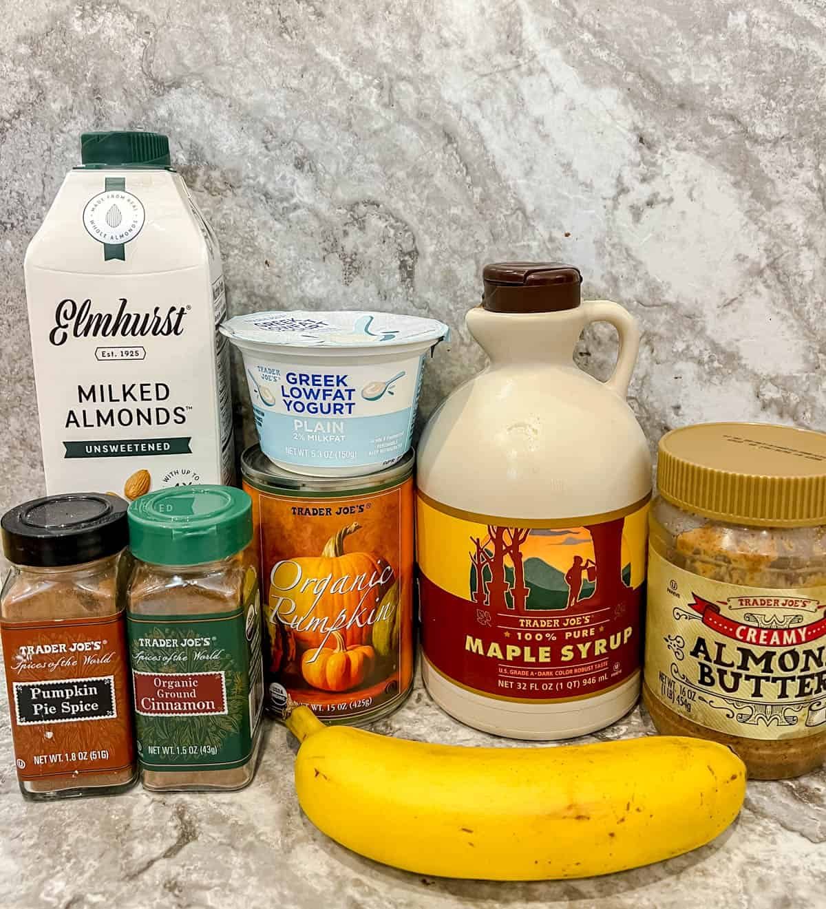 Ingredients needed to make this lighter pumpkin smoothie.