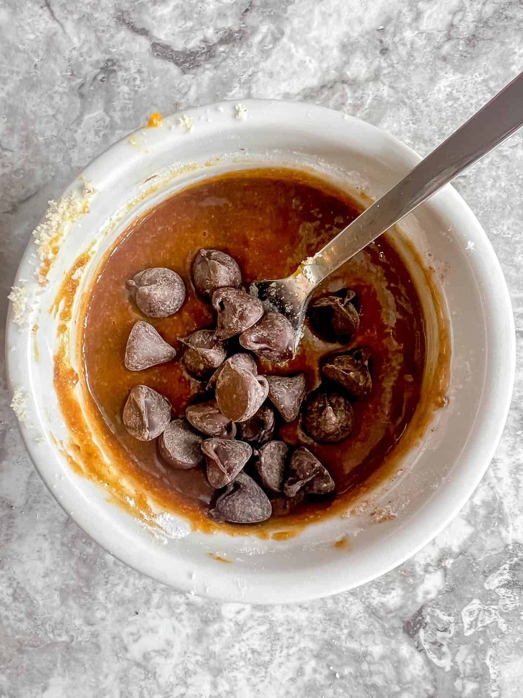 Chocolate chips added to ramekin.