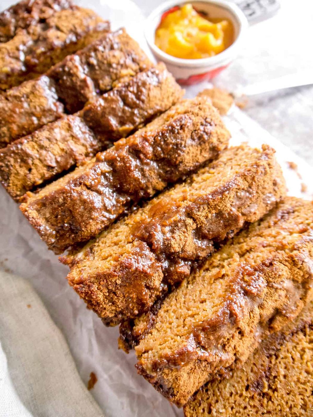 Paleo banana bread with pumpkin and cinnamon.
