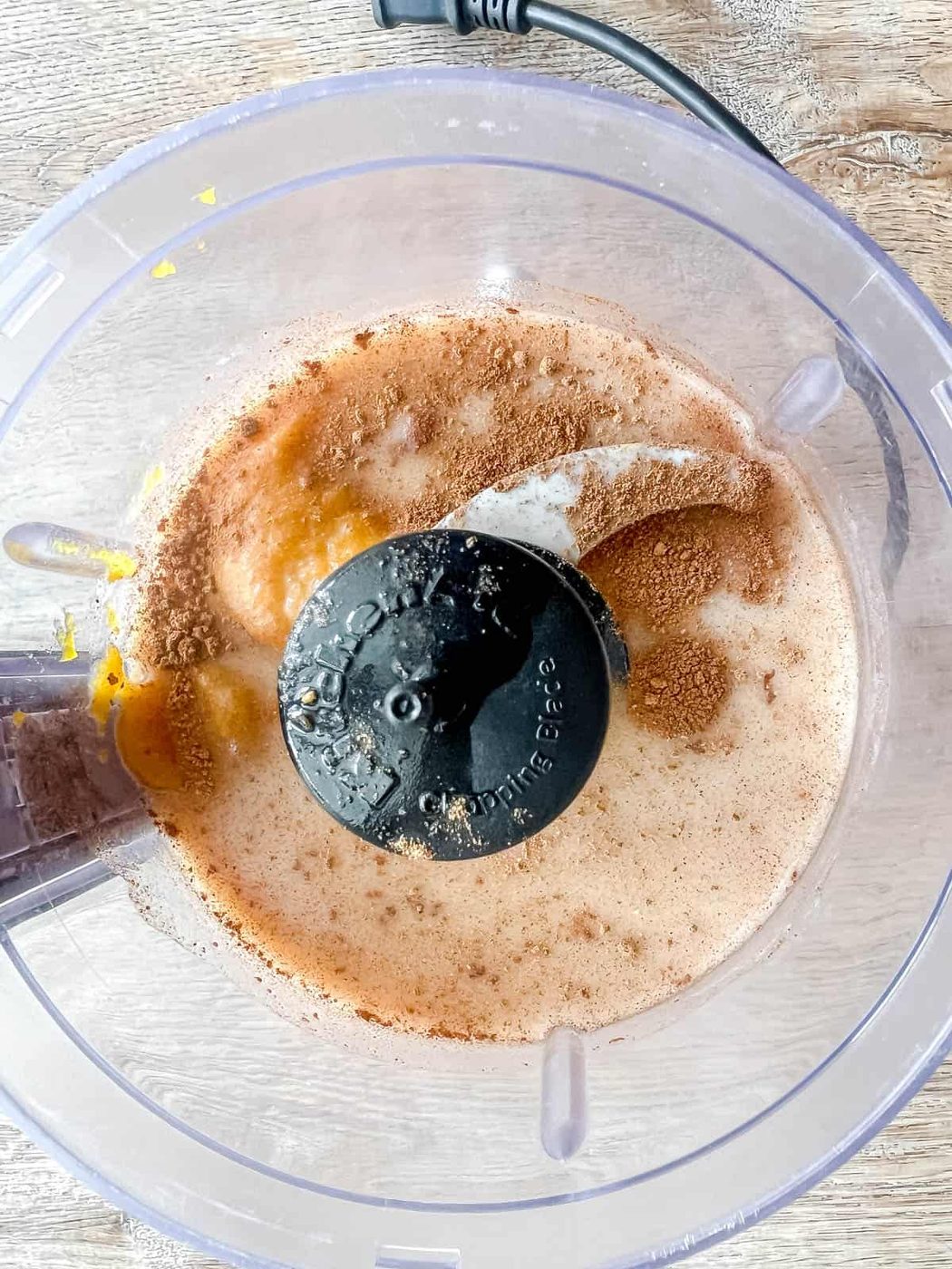 All pumpkin white Russian ingredients in a food processor.