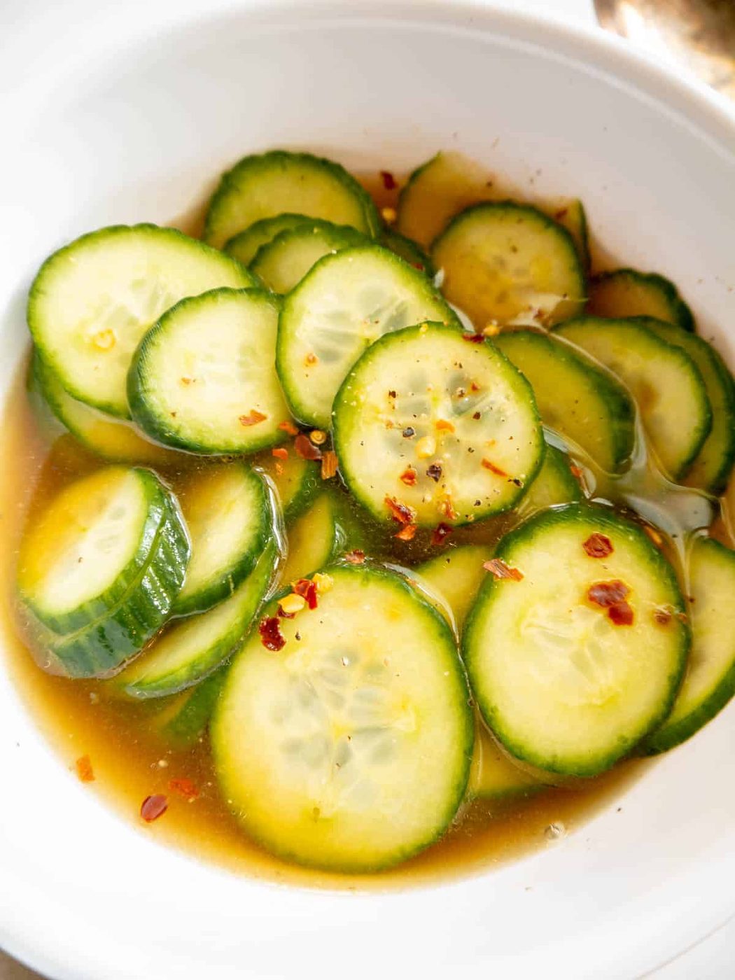 Fast pickled cucumbers sitting in liquid for 15 minutes.