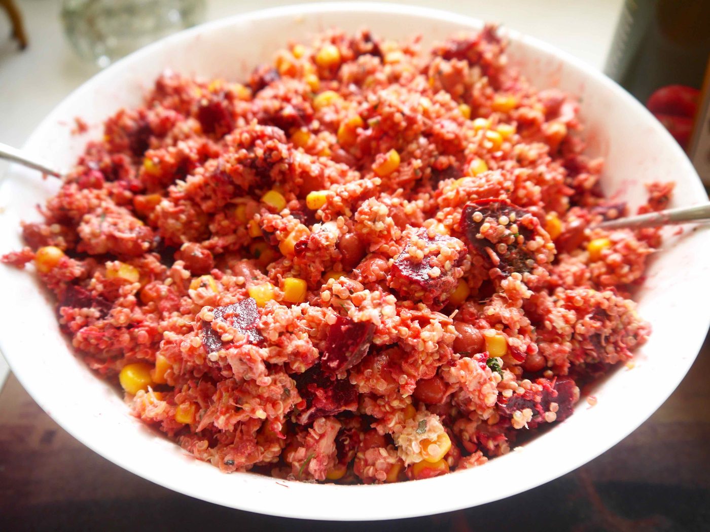 Quinoa Beet Salad with Tuna in a large bowl.