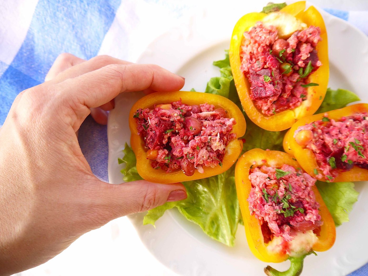 Peppers stuffed with quinoa beet salad.