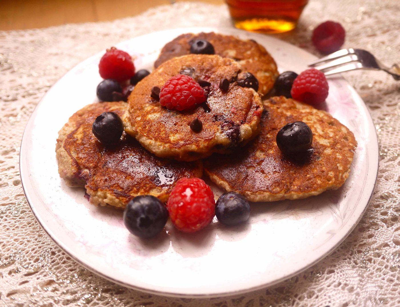 Raspberry, Blueberry, and Chocolate Chip Paleo Pancakes (GF)- the BEST Paleo pancakes around :)