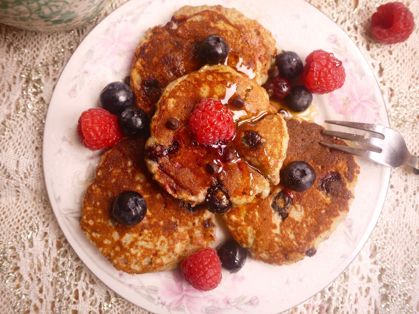 Raspberry, Blueberry, and Chocolate Chip Paleo Pancakes (GF)- the BEST Paleo pancakes around :)