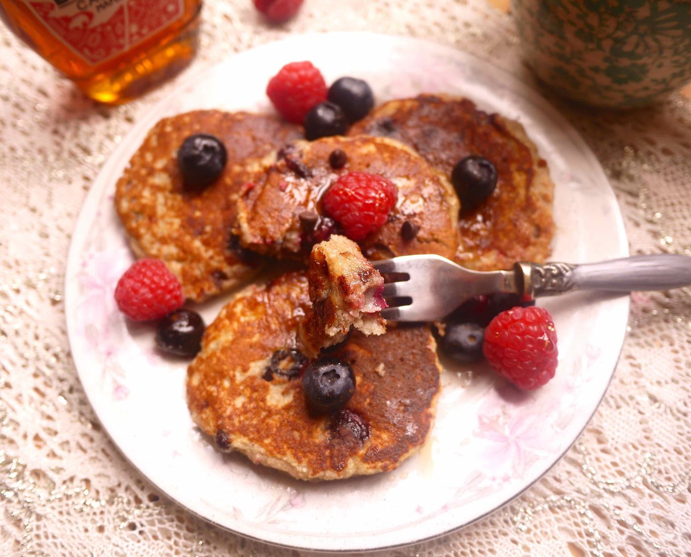 Raspberry, Blueberry, and Chocolate Chip Paleo Pancakes (GF)- the BEST Paleo pancakes around :)