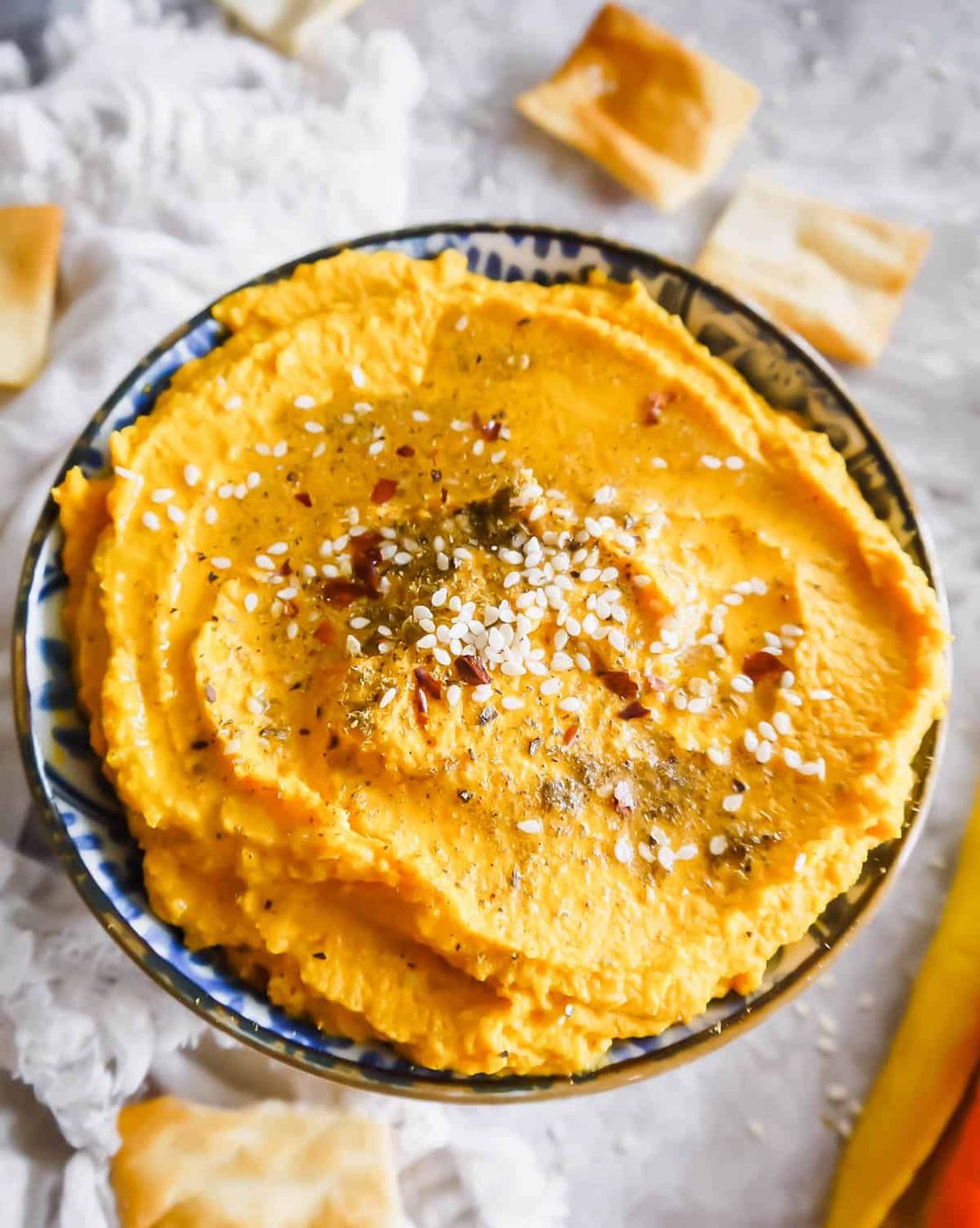 Aerial view of Carrot hummus.
