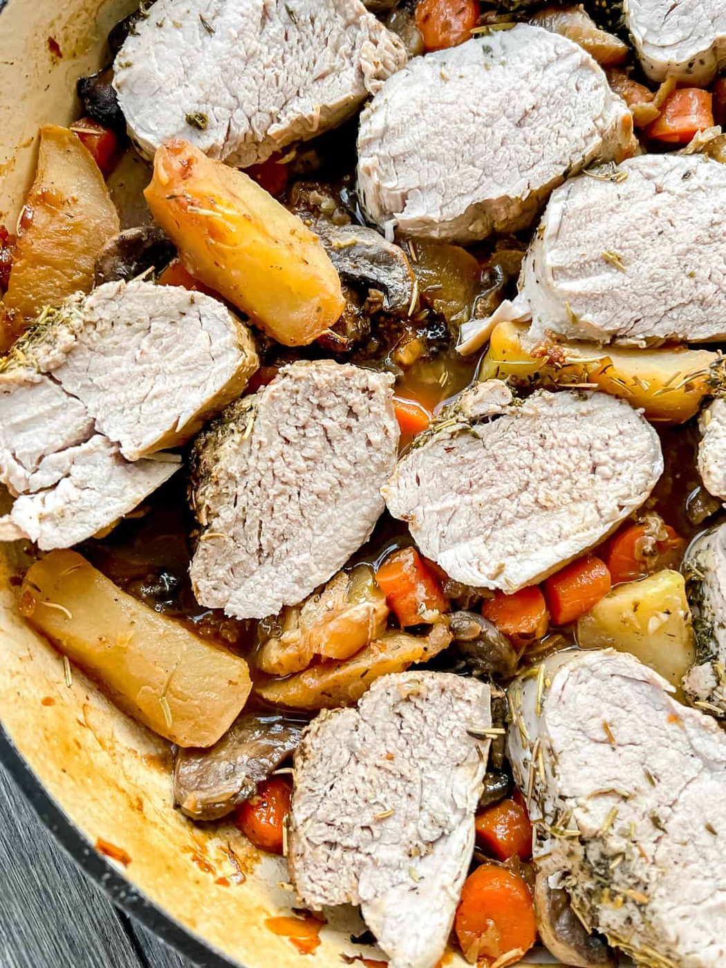 Fig pork tenderloin in a dutch oven.