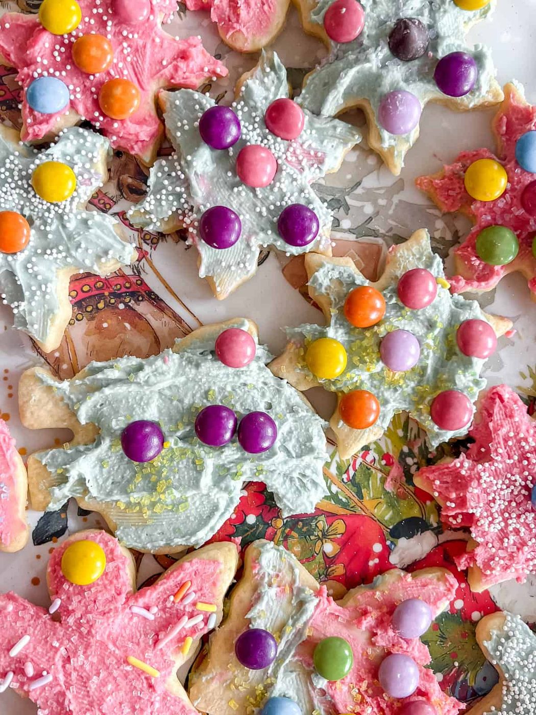 Sable cut out sugar cookies frosted and decorated.