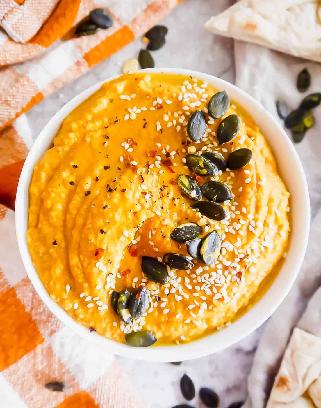 Pumpkin hummus recipe in a bowl.