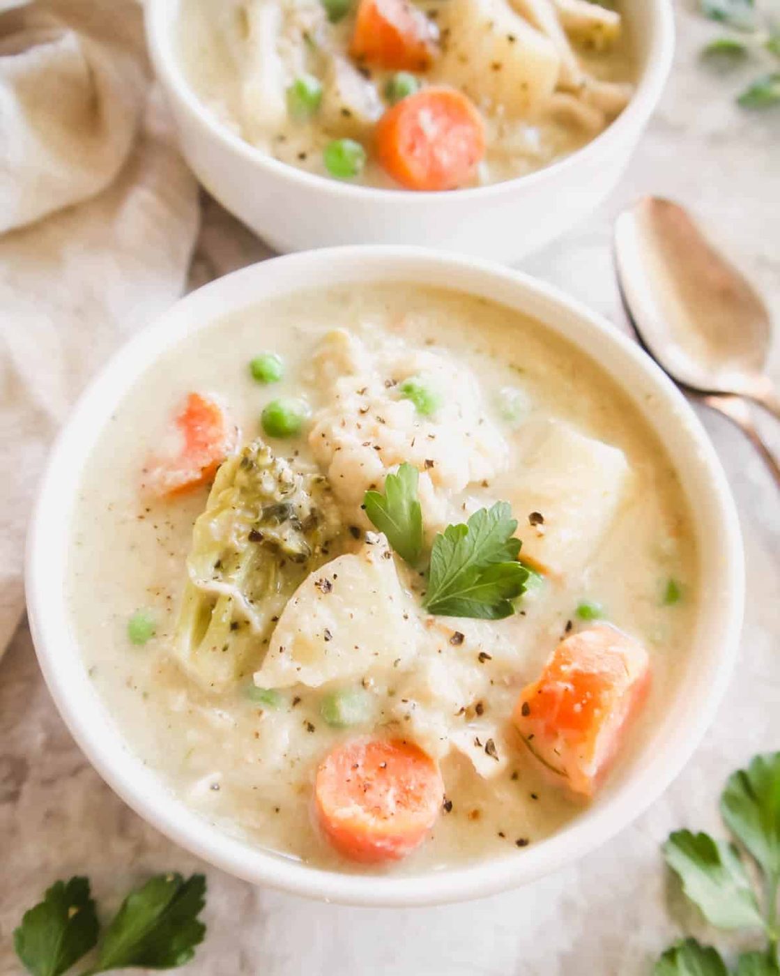 Slow Cooker Lighter Chicken Pot Pie Soup, Whole30, Paleo, Dairy-free