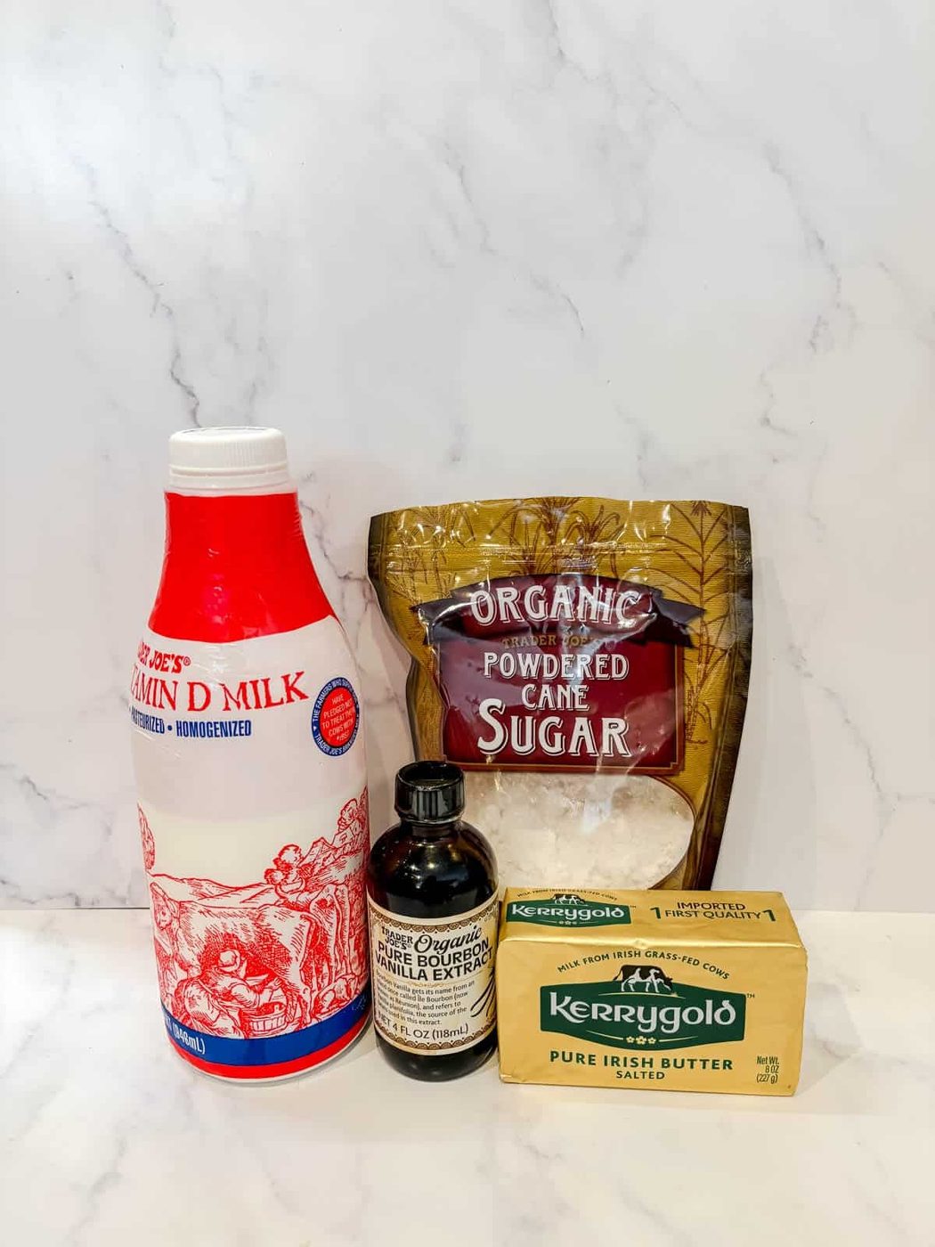 Ingredients needed to make the frosting for small batch funfetti cupcakes.