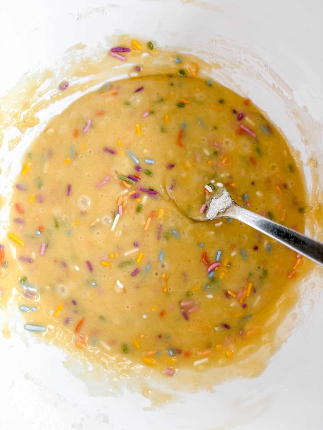 Funfetti cupcake batter after sprinkles are added.