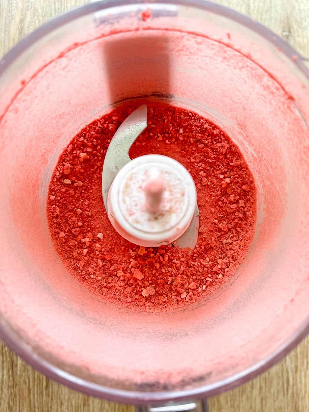 Freeze dried strawberries mixed in a food processor.