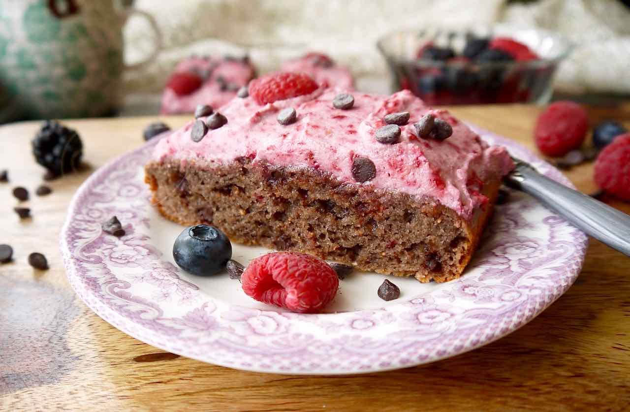 Small Paleo Raspberry Chocolate Chip Cake with Raspberry Frosting