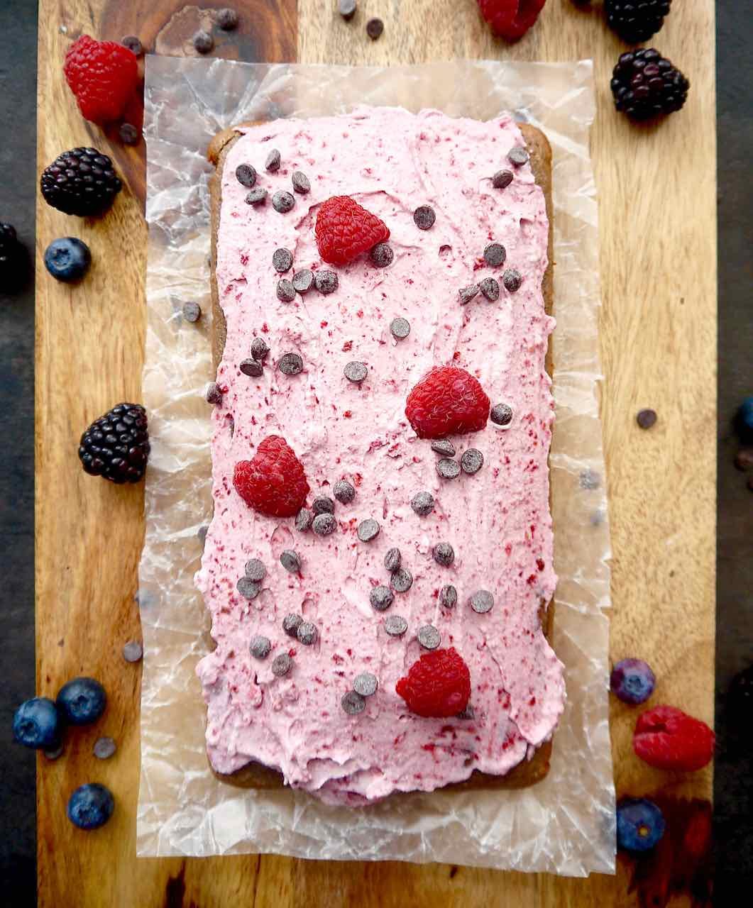 Small Paleo Raspberry Chocolate Chip Cake with Raspberry Frosting