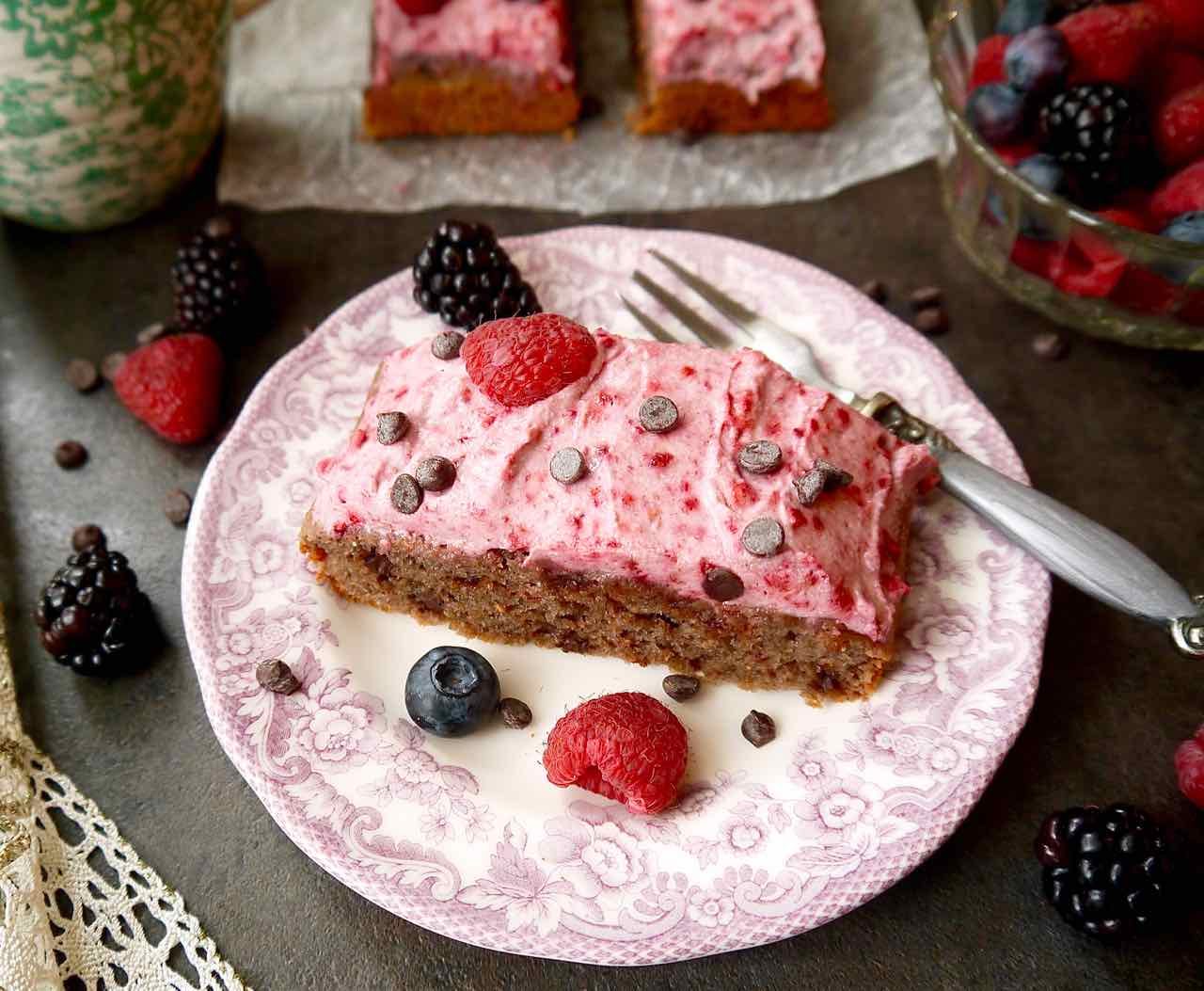 Small Paleo Raspberry Chocolate Chip Cake with Raspberry Frosting