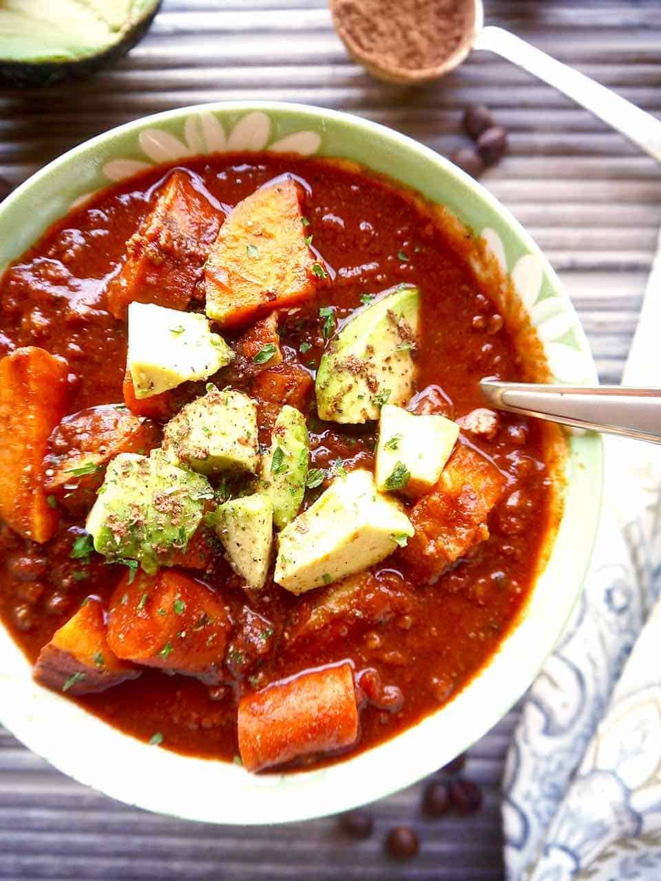 Cocoa powder in chili in a bowl.