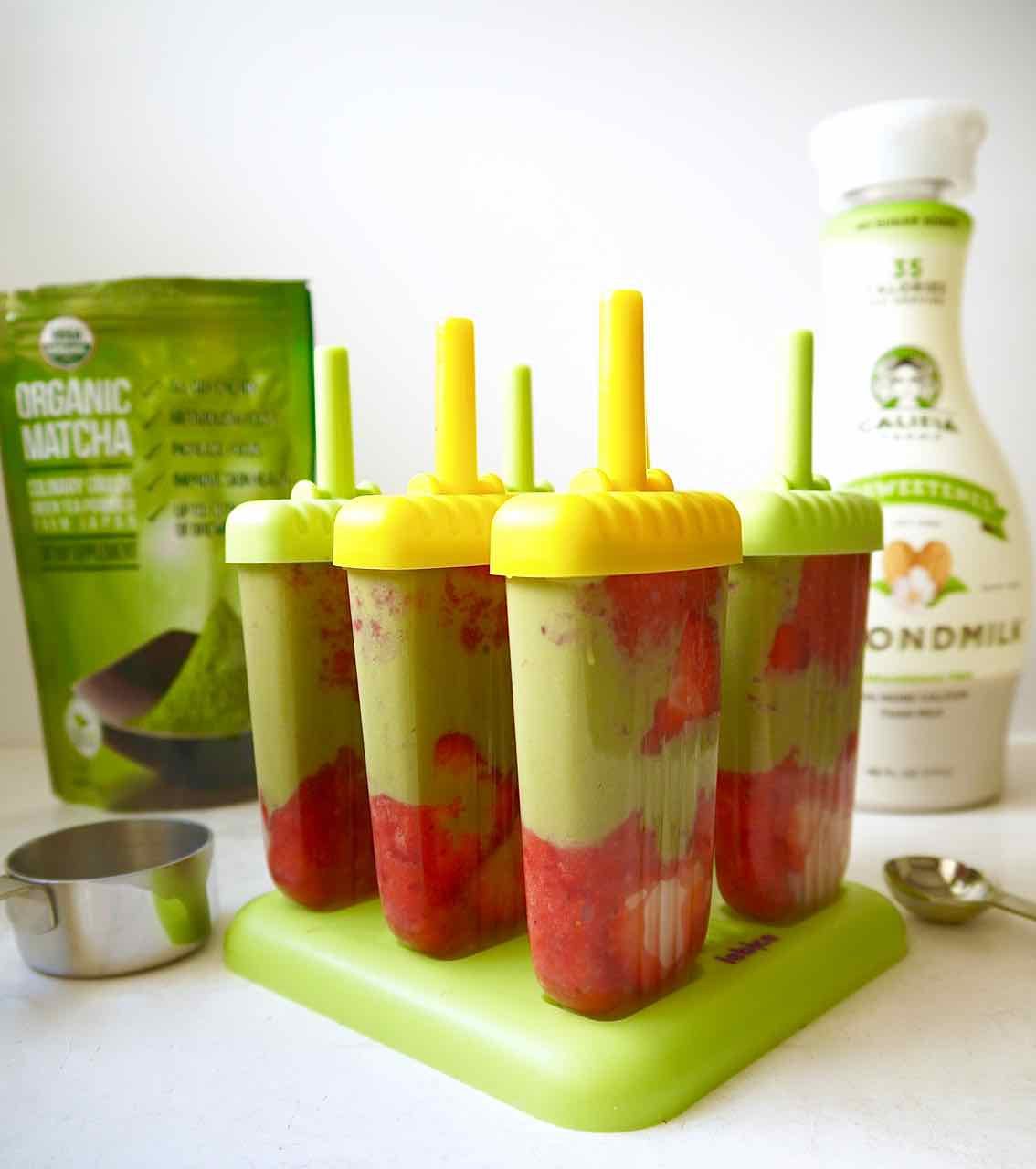 Strawberry matcha popsicles before freezing.