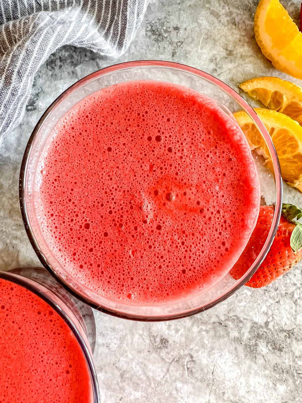Aerial view of beet carrot orange juice.
