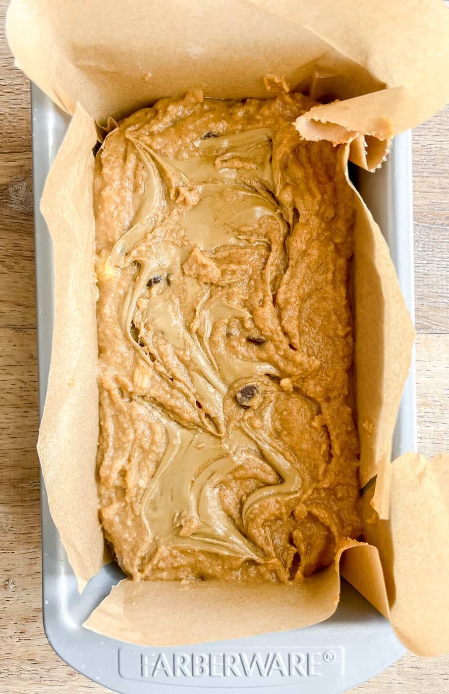 Sunflower butter and chocolate chips banana bread before baking.