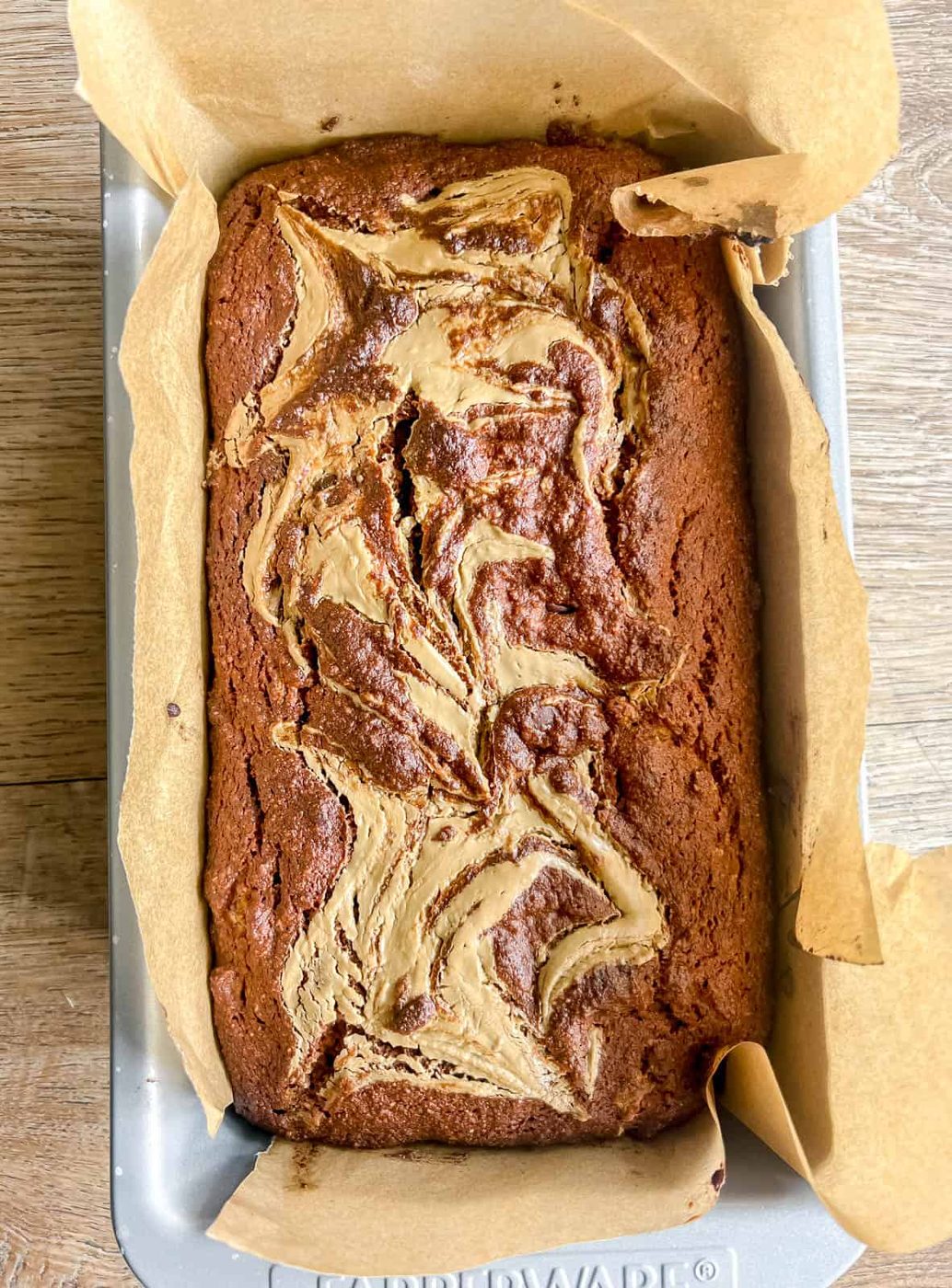 Sunflower butter and chocolate chips banana bread after baking.