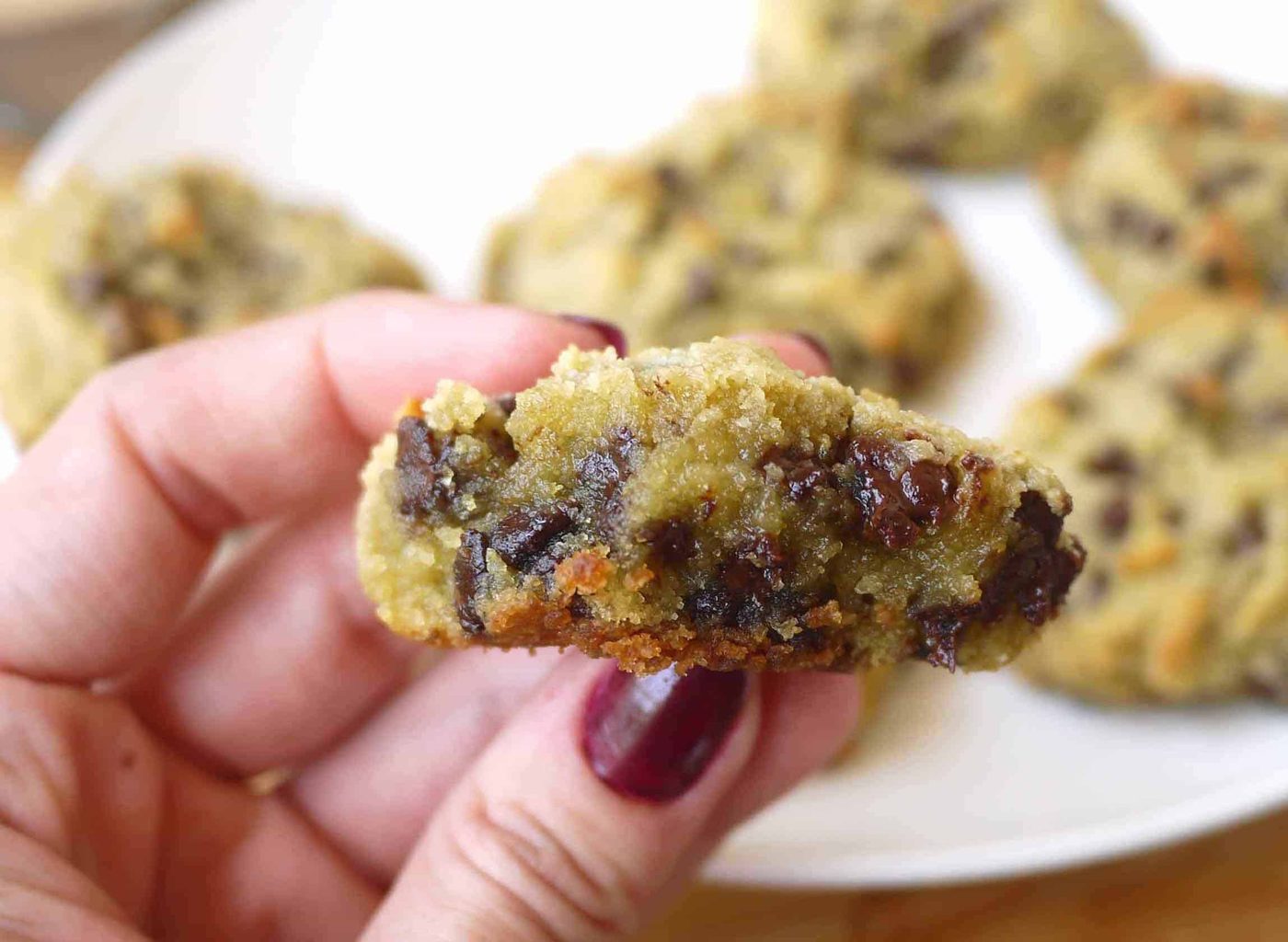 A bite of paleo chocolate chip cookies.