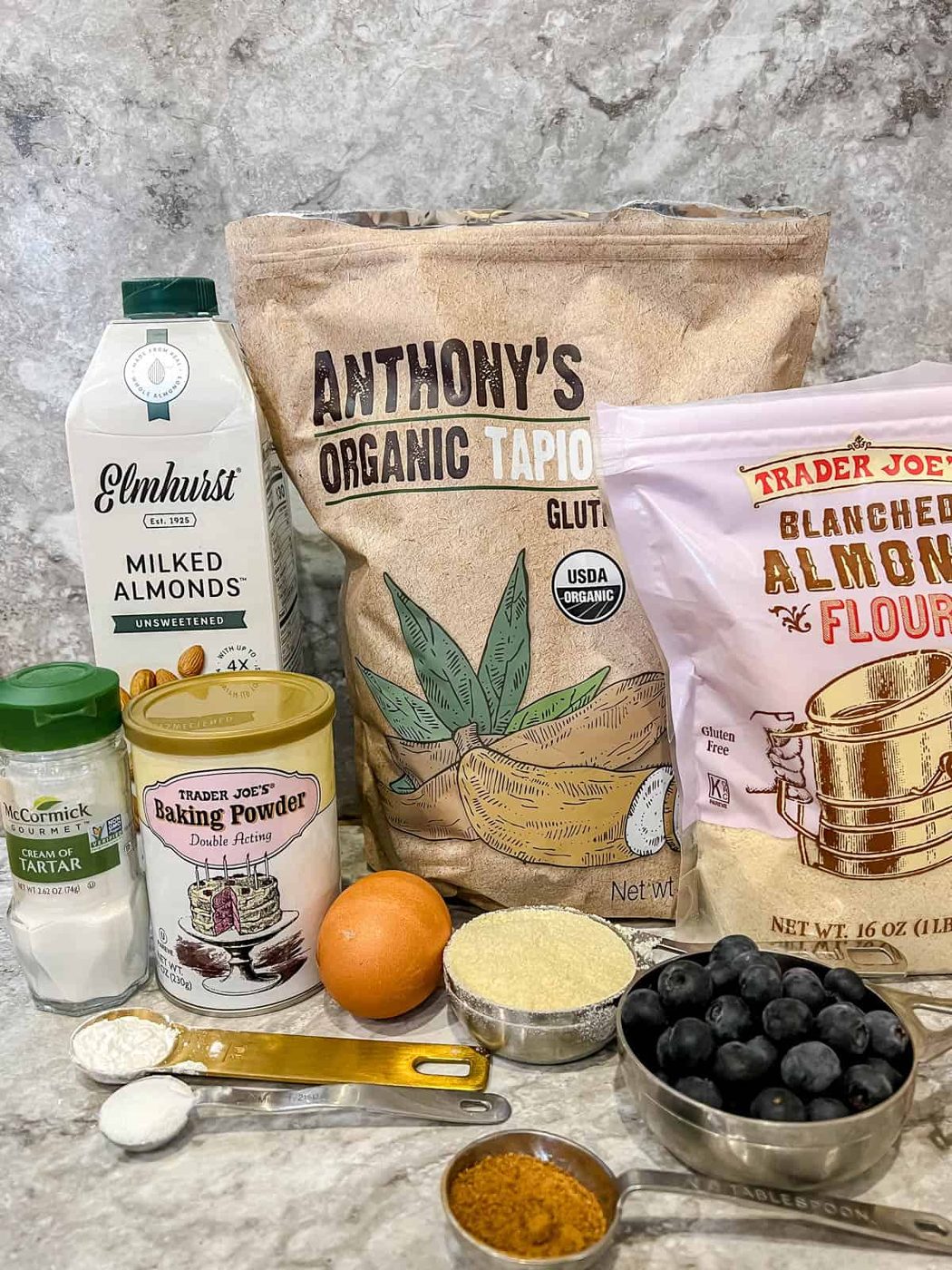Ingredients needed to make paleo blueberry pancakes.