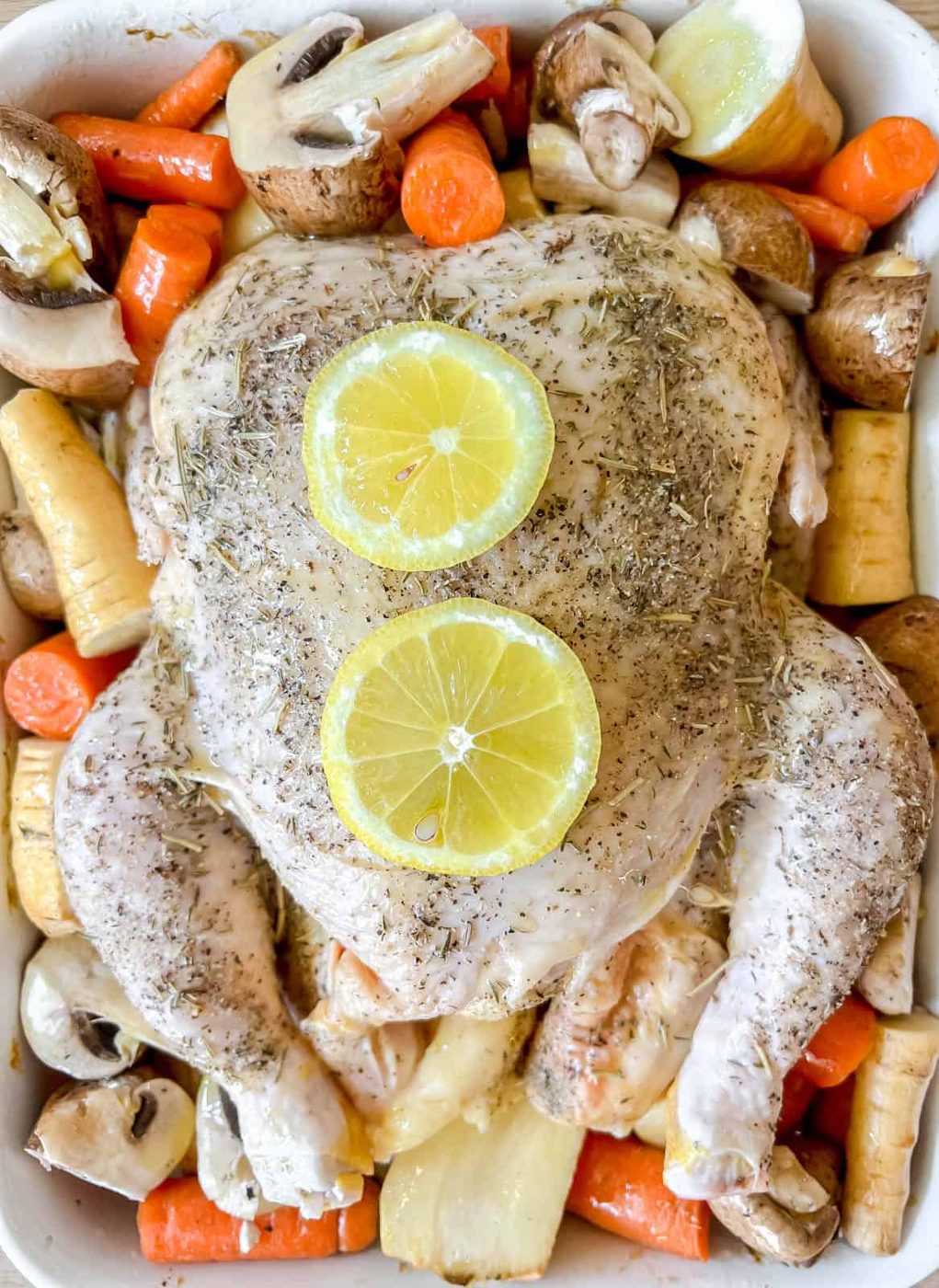 Root veggies added to raw chicken before cooking.