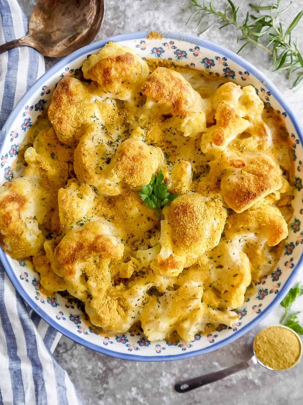 Vegan cauliflower au gratin out of the oven and browned.