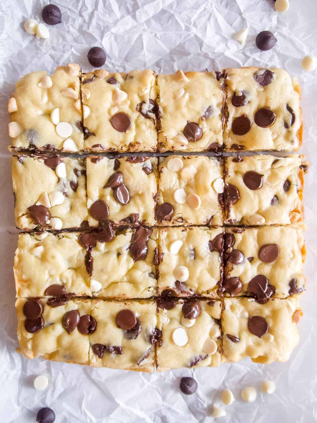 White chocolate brownies freshly sliced.