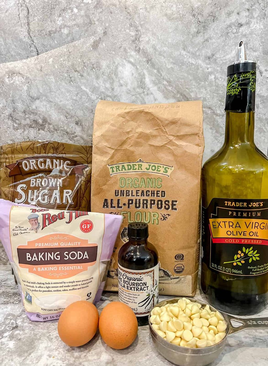Ingredients needed to make this white chocolate chip cookie recipe.