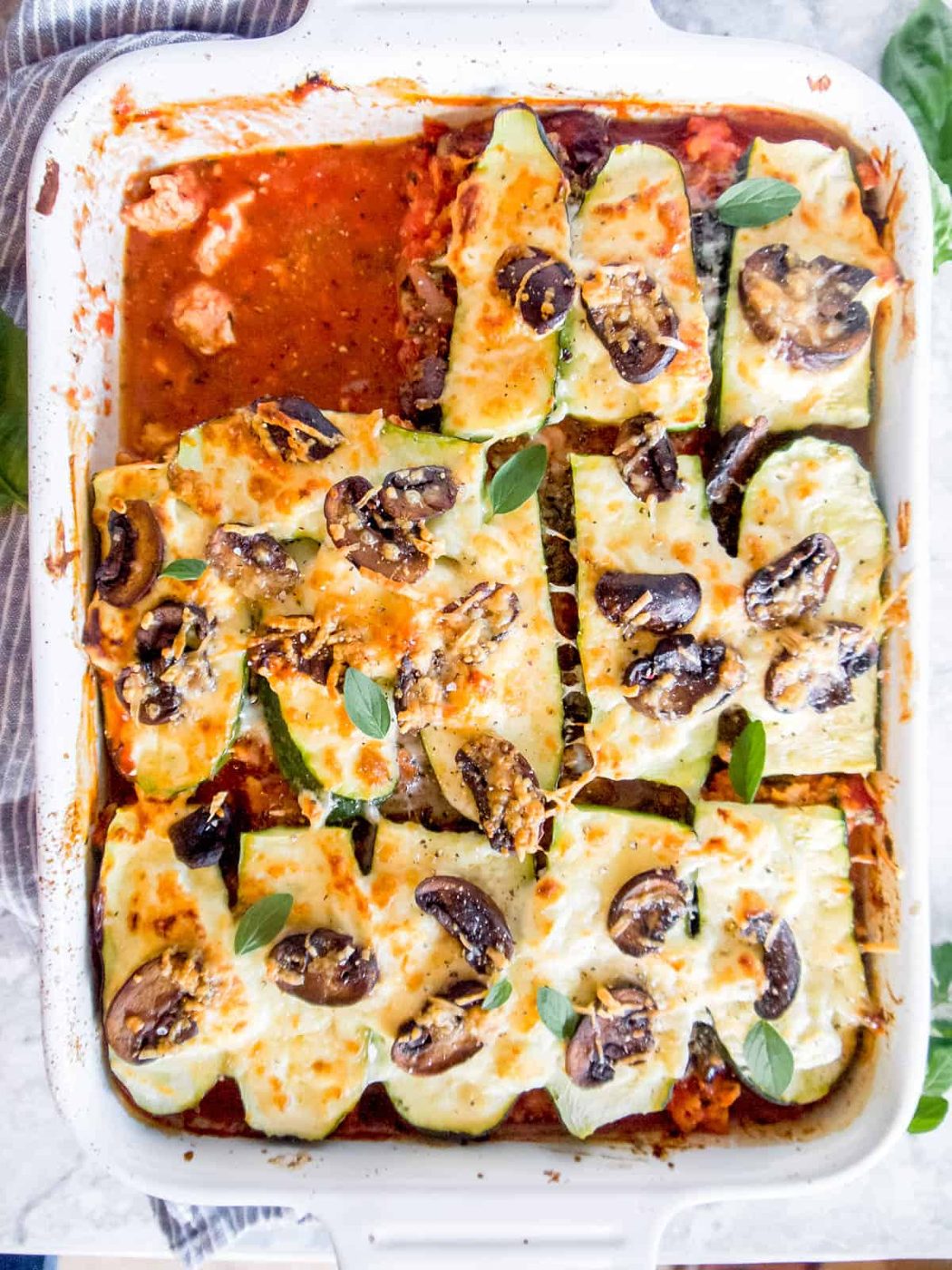Freshly baked zucchini Lasagna with Meat Sauce and Mushrooms.