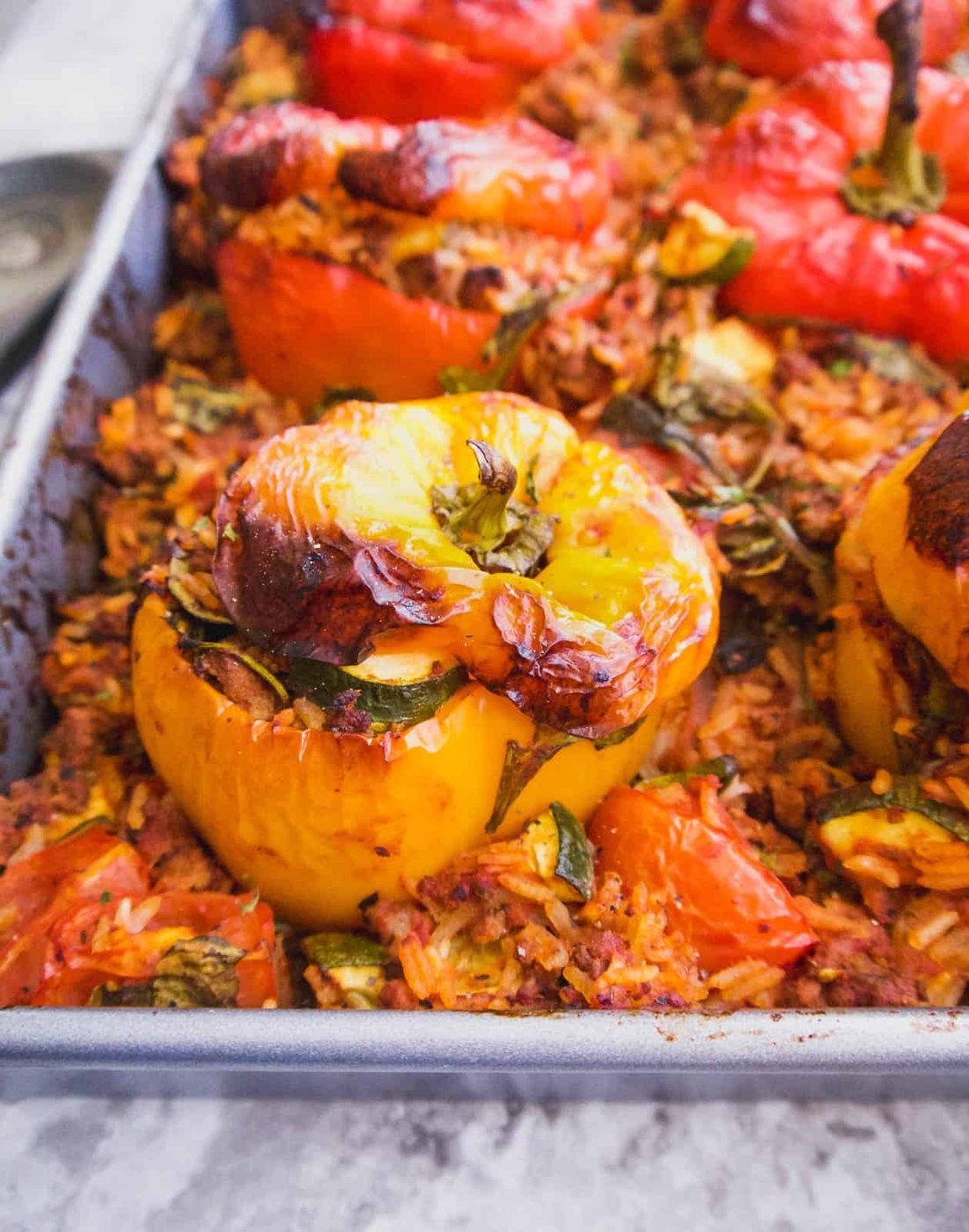 Zucchini, Spinach, Meat and Rice Stuffed Peppers (GF)