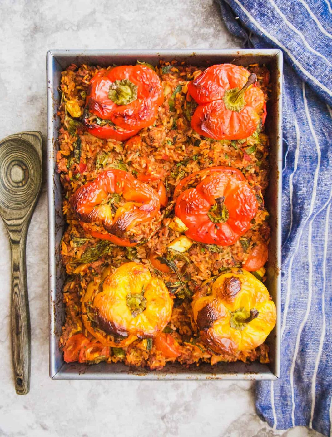 Zucchini, Spinach, Meat and Rice Stuffed Peppers (GF)