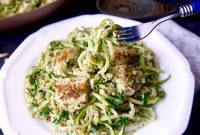 Paleo Chicken and Zucchini Noodles with Green Pepper Almond Pesto