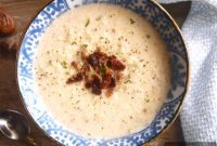 Creamy Paleo Cauliflower Soup with Crispy Bacon and Roasted Chestnuts