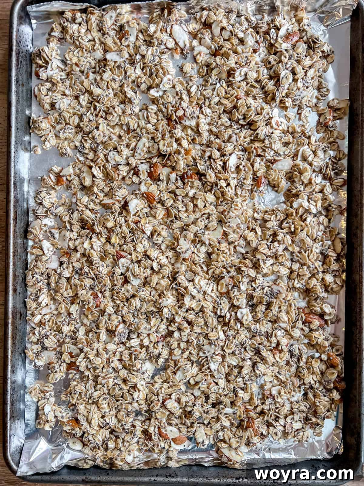 Artisan Olive Oil Granola Almonds and Chia 8 Unbaked granola mixture, studded with almonds and chia seeds, spread out evenly across a baking sheet lined with parchment paper, ready for the oven.