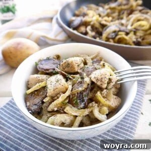 Wholesome Chicken, Mushroom and Spiral Potato Bake 9 A delicious serving of Mushroom, Chicken, and Spiralized Potatoes Casserole in a bowl, ready to eat.
