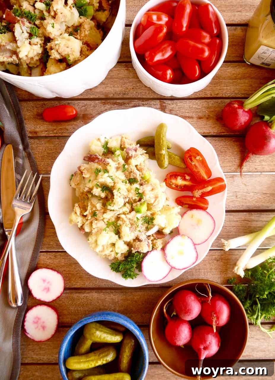 Paleo Whole30 French Tuna Potato Salad 10 A serving of delicious French potato salad on a rustic plate, garnished with fresh herbs and accompanied by vibrant tomatoes, radishes, and cornichons.