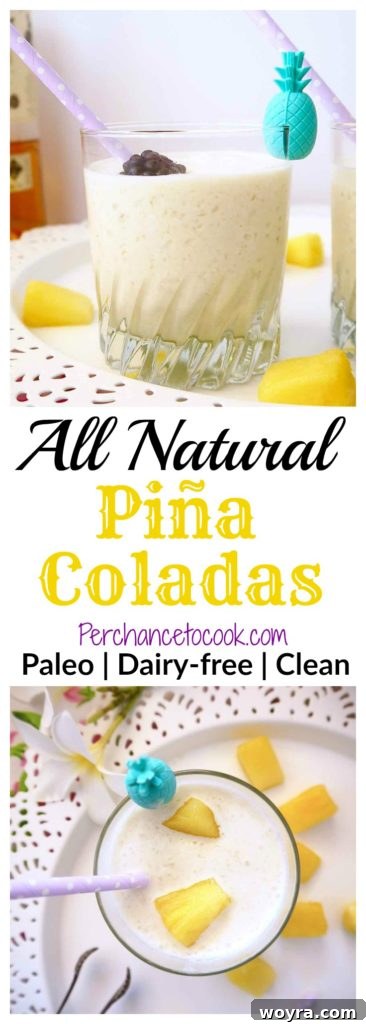 Guilt Free Paleo Pina Coladas 8 A tall glass of All Natural Piña Colada, viewed from a low angle, showing its height and frosty appearance.