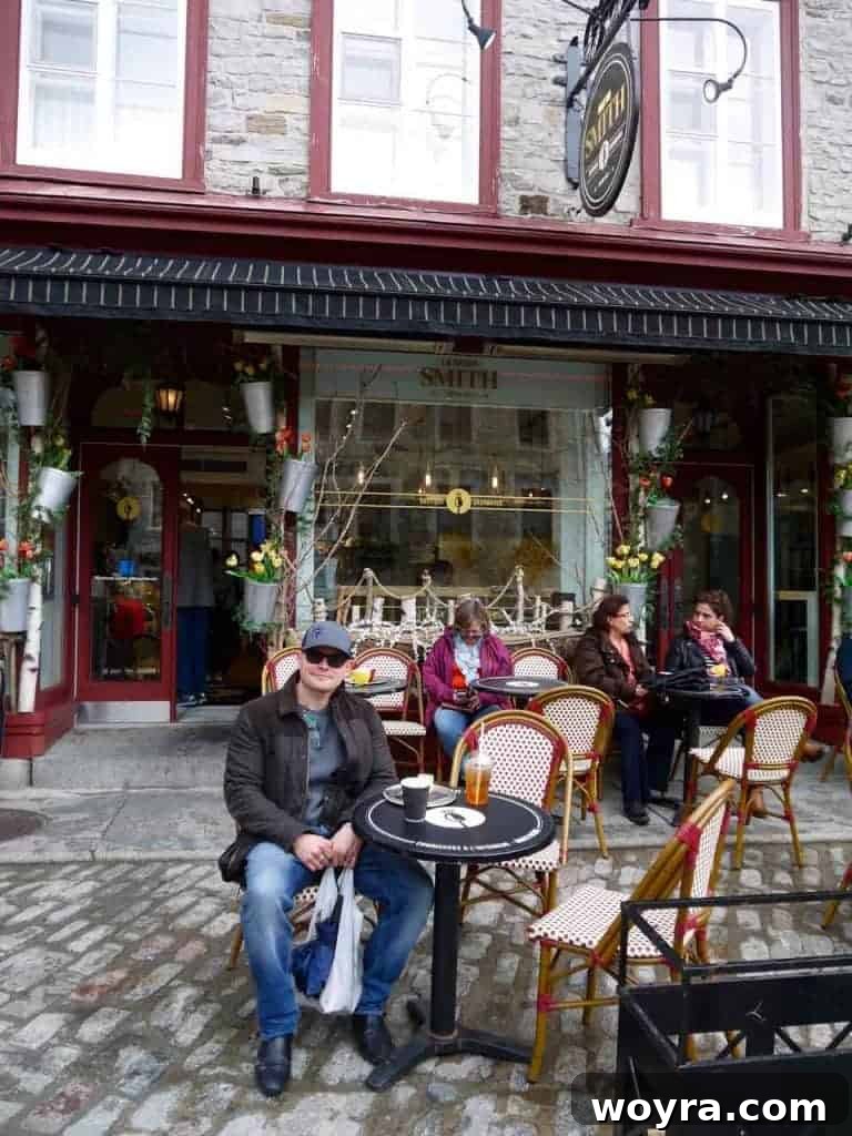 Historic Old Quebec City 16 Outdoor seating at Maison Smith in Place Royale, Quebec City, with coffee and dessert