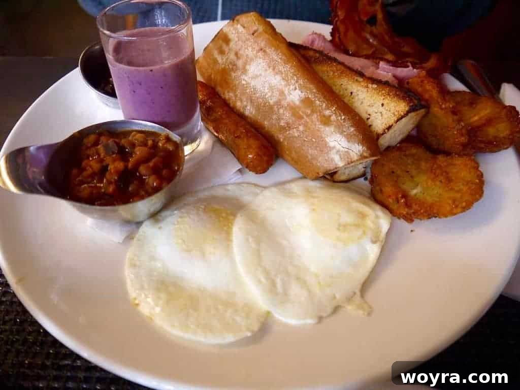 Historic Old Quebec City 27 A hearty full breakfast with eggs, bacon, and hash browns at Cafe Le Hobbit, Quebec City