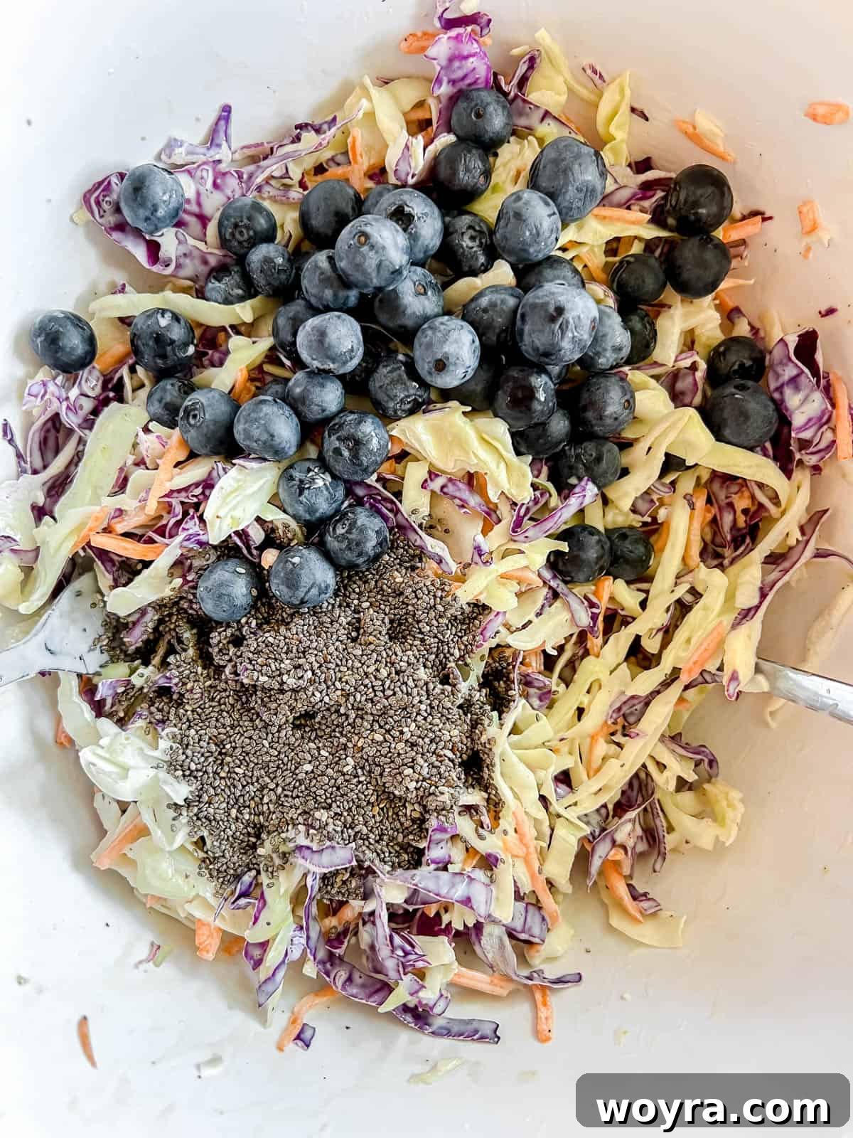 Wholesome Blueberry Chia Coleslaw Paleo and Dairy-Free 6 Blueberries and chia seeds added to the coleslaw.