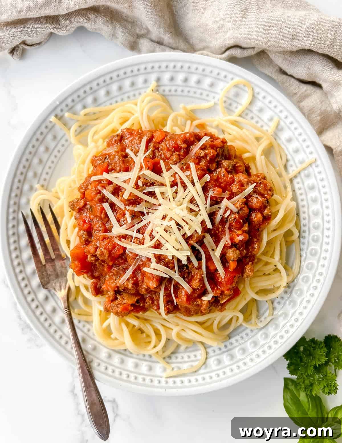 Wild Bison Ragu 11 Bison meat sauce on top of spaghetti.