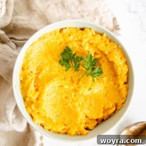 Mashed butternut squash in a bowl.
