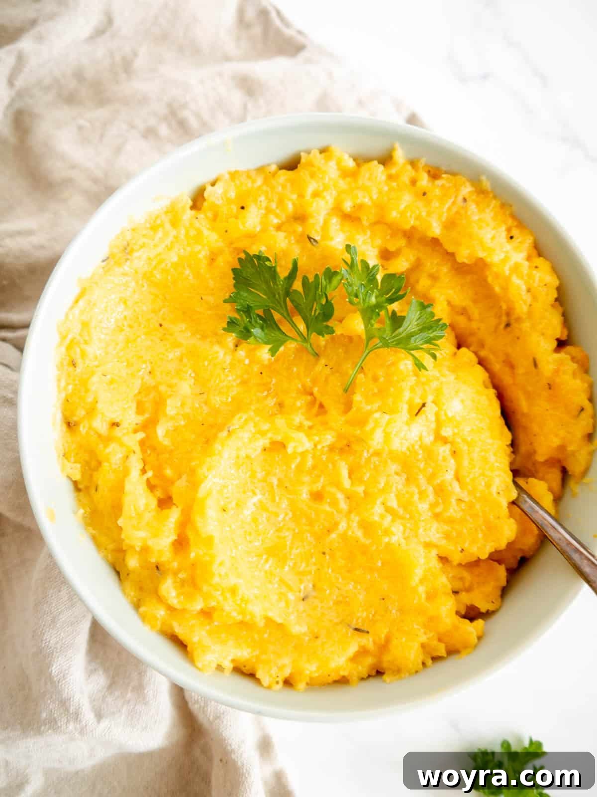 A serving of creamy mashed butternut squash in a rustic bowl, with a spoon resting in it, ready to be enjoyed.