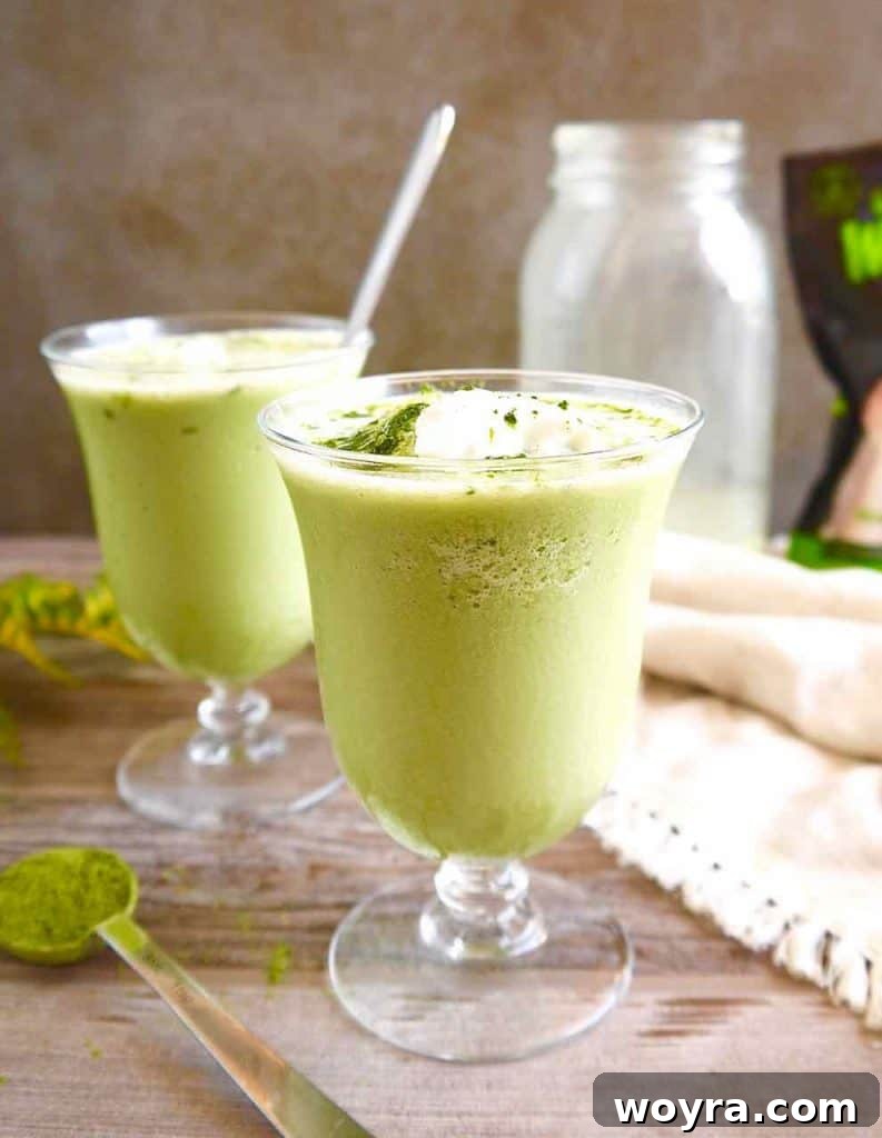 Creamy Paleo Matcha Freeze 6 Delicious Frozen Dairy-free Matcha Latte in a glass