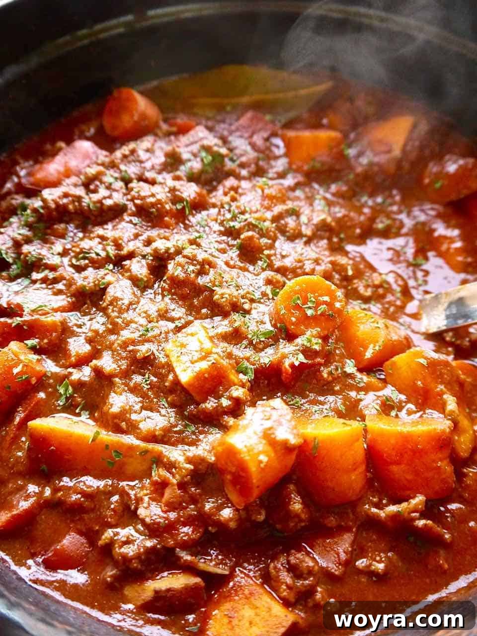 Chili without Beans Recipe simmering in a large pot, ready to be served.