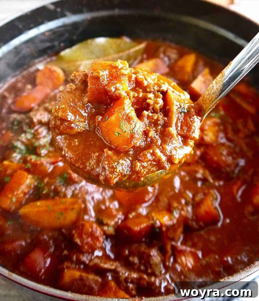Scoop of Coffee spiced chili recipe with rich broth and meat.